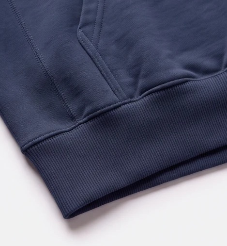 Close-up of the navy ribbed hem and pocket edge